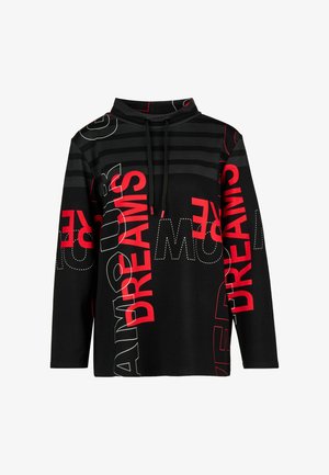 Zwarte hoodie met lange mouwen, horizontale donkergrijze strepen en rood-witte vetgedrukte tekst met "DREAMS" en "AMOUR" op de voorkant en mouwen.