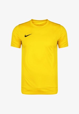 Yellow Nike T-shirt made of smooth fabric, featuring a crew neck, short sleeves, and a black logo on the left chest.