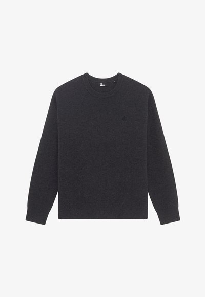 Maglione grigio scuro con collo tondo, maniche lunghe, polsini a costine e un piccolo logo sul petto. Realizzato in un tessuto morbido con una finitura texturizzata.