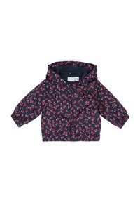 Giacca floreale blu navy con motivi rossi e bianchi, chiusura con zip frontale, polsini elasticizzati e orlo arricciato. Presenta un cappuccio e due tasche frontali.