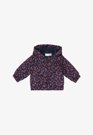 Navy blue floral jacket with red and white patterns, zip front, elastic cuffs, and gathered hem. Features a hood and two front pockets.