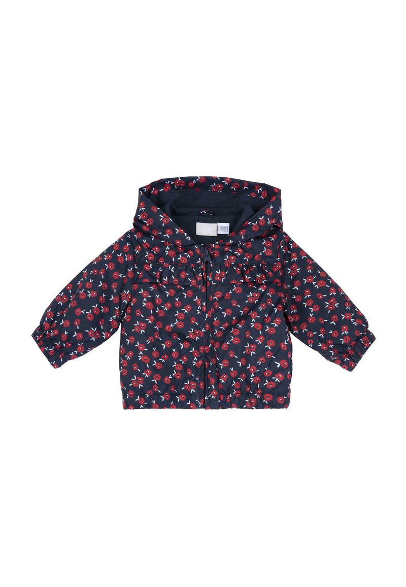 Giacca floreale blu navy con motivi rossi e bianchi, chiusura con zip frontale, polsini elasticizzati e orlo arricciato. Presenta un cappuccio e due tasche frontali.