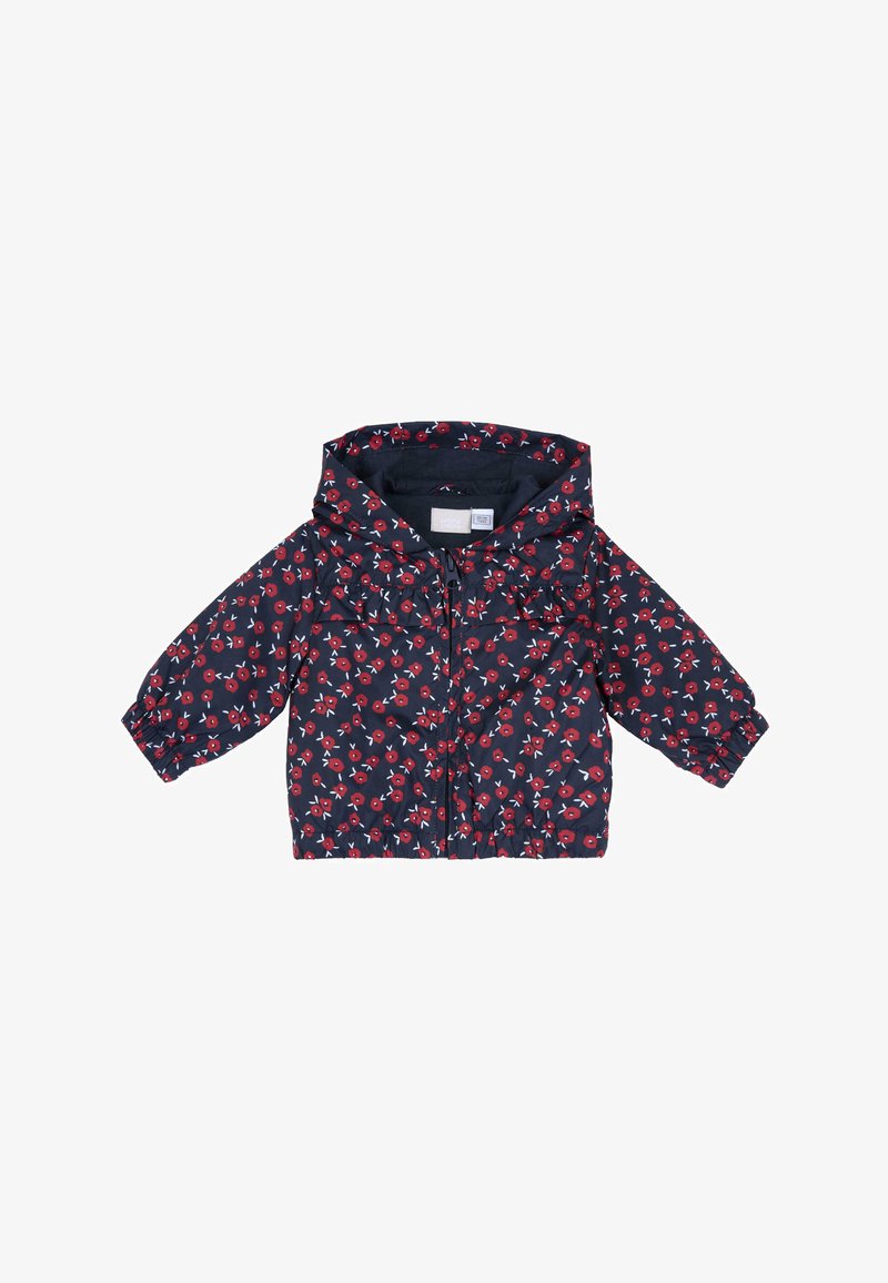 Veste florale bleu marine avec motifs rouges et blancs, fermeture éclair à l'avant, poignets élastiques et ourlet froncé. Comprend une capuche et deux poches avant.