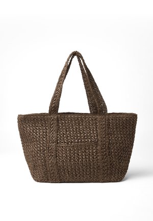 Braune, gewebte Tragetasche mit zwei Griffen, rechteckigem Boden und strukturiertem Strickmuster, präsentiert vor weißem Hintergrund.