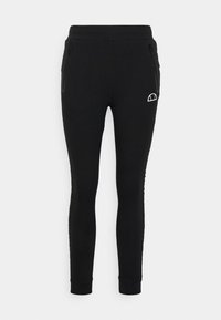 Schwarze Sweatpants aus weichem Material, mit seitlichen Reißverschlusstaschen, gerippten Bündchen und einem kleinen Logodetail auf der oberen linken Vorderseite.