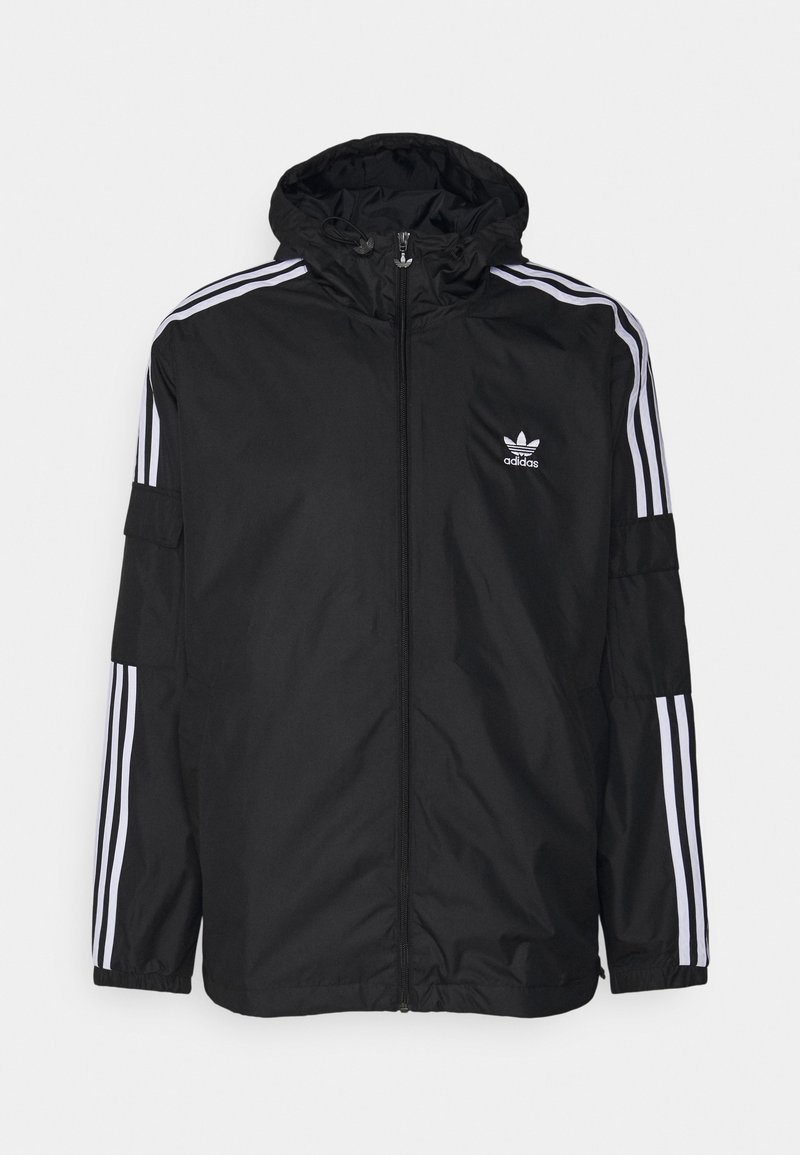 Černá bunda Adidas s bílými třemi pruhy na rukávech, kapuci, předním zipu a logem Adidas na levé hrudi.