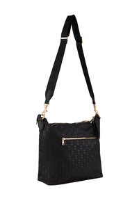 Borsa a mano in tessuto nero con accessori dorati, dotata di un compartimento principale e una tasca frontale con zip, tracolla regolabile e motivo testurizzato.