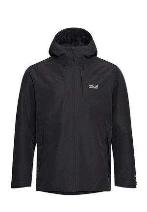Schwarze wasserdichte Kapuzenjacke mit Frontreißverschluss und Jack Wolfskin-Logo auf der Brust, entwickelt für den Schutz bei Outdoor-Wetter.