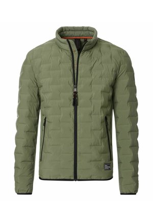 Green quilted jacket with a high collar, front zipper, and two side pockets. Features black accents and a smooth, lightweight texture.