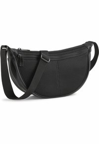 Black semi-spherical shoulder bag made of smooth and perforated fabric. Features a zippered top and an adjustable strap for convenience.