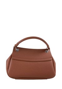 Borsa a mano in pelle marrone con forma strutturata, manico superiore arrotondato e dettagli in hardware silver. Caratterizzata da una texture liscia e tasca frontale.