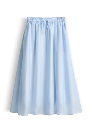 Hellblauer Midirock mit elastischem Bund und Kordelzug, fließender Stoff, seitliche Taschen, auf weißem Hintergrund dargestellt.