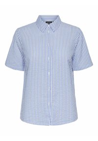 Camicia a maniche corte con bottoni in blu chiaro e bianche righe verticali. Realizzata in tessuto intrecciato con colletto standard e orlo curvo.