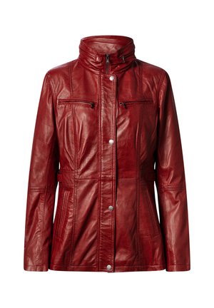 Red leather jacket with stand collar, front zipper and snap button closure, two horizontal chest zip pockets, and vertical side pockets.