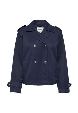 Jachetă bleumarin cu două rânduri de nasturi, revere late, epoleți pe umeri, manșete cu nasturi și două buzunare frontale.