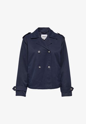 Tmavě modrý dvouřadý kabát se širokými klopami, ramenními epolety, knoflíkovými manžetami a dvěma předními kapsami.