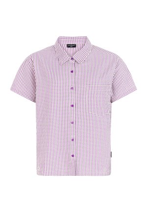 Kurzärmeliges karierte Hemd in Weiß und Lila mit einer durchgehenden Knopfleiste, einem Kragen und einer einzelnen Brusttasche.