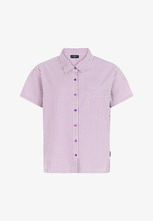 Trumparankovė languota marškinėliai baltos ir violetinės spalvos, su sagomis priekyje, apykakle ir viena krūtinės kišene.