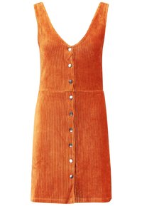 Vestito in corduroy arancione con scollatura a V profonda, caratterizzato da righe verticali e sette bottoni metallici sul davanti. Orlo dritto.