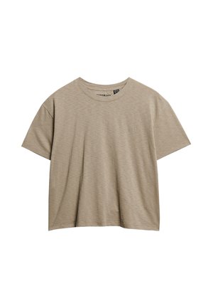Beige bomulds t-shirt med rund halsudskæring, korte ærmer og en afslappet pasform. Har en subtil tekstur og et lille logo på brystet.