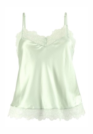 Camisola in satin di un leggero verde menta con trame in pizzo lungo il collo e l'orlo, dotata di spalline regolabili e una texture liscia.