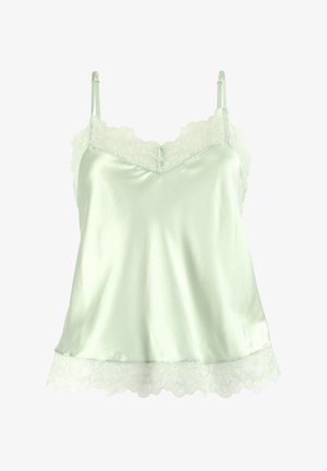 Satyńska koszulka w jasnym miętowym kolorze z koronkowym wykończeniem wokół dekoltu i u dołu, z regulowanymi ramiączkami i gładką teksturą.