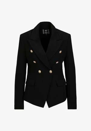 Zwarte blazer met een dubbelzijdig ontwerp, voorzien van gouden knoopaccenten, gepikte revers en twee voorkruisen. Glad stoftextuur.