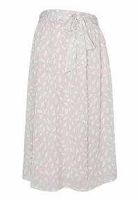 Gonna rosa chiaro con motivi di foglie bianche, dotata di vita con laccetti. Il tessuto sembra morbido e svolazzante, ideale per il clima caldo.