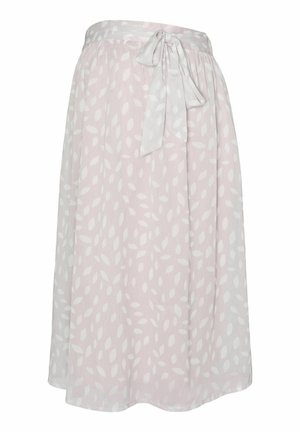 Lichtroze rok met witte bladinvoer, voorzien van een strik taille. De stof lijkt zacht en vloeiend, ideaal voor warm weer.