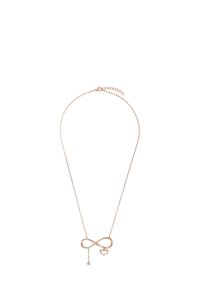 Halsband i roséguld med ett oändlighetssymbol som har små rhinstenar och en hjärtanhänge. Delikat kedja med justerbar låsning.