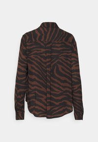 Brown and black long-sleeve shirt with a tiger stripe pattern, featuring a collar, buttoned cuffs, and a relaxed fit.