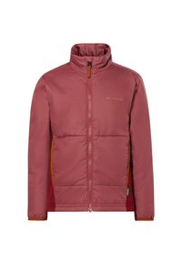 Veste isolée rouge avec un col haut, fermeture éclair sur toute la longueur à l'avant et panneaux latéraux orange contrastants. Présente un logo discret sur la poitrine.