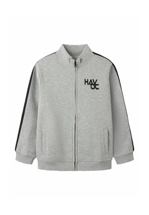Lichtgrijze sweater met rits met zwarte strepen op de mouwen en een zwart "HAV OC" logo op de linkerborst, voorzien van een opstaande kraag en zijzakken.