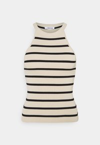 Top sin mangas de rayas beige con rayas horizontales negras. Cuenta con un escote alto y una textura acanalada, diseñado para una silueta ajustada.