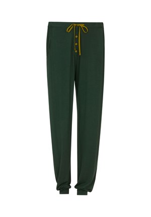 Pantaloni lounge verde scuro realizzati in tessuto morbido, con vita regolabile tramite cordoncino, chiusura con bottone e polsini alla caviglia. Due tasche laterali.
