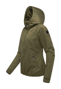 Giacca a vento verde oliva con cappuccio, dalla texture liscia, tasche con zip e polsini elasticizzati. Presenta una toppa con logo sulla manica.