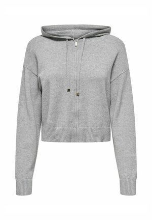 Gekürzter grauer Hoodie aus weichem Stoff, mit verstellbarem Kapuzenzug, gerippten Bündchen und Saum sowie einer subtilen Textur. Reißverschluss vorne.