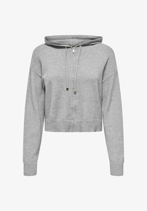 Przycięta szara bluza z kapturem, wykonana z miękkiego materiału, z sznurkiem w kapturze, ściągaczami przy rękawach i dolnym brzegu oraz delikatną teksturą. Zamek błyskawiczny z przodu.