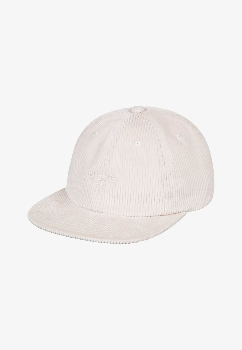 Casquette de baseball en velours côtelé beige clair avec une visière incurvée et un logo brodé discret sur le panneau avant.