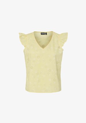 Blusa amarilla sin mangas con escote en V, mangas con volante y patrón floral calado por todo el diseño.