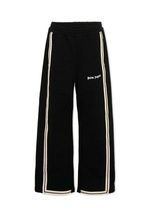 Czarne spodnie o szerokich nogawkach z białymi paskami po bokach i logo "Palm Angels" na górnej lewej nogawce, z elastycznym paskiem w talii.