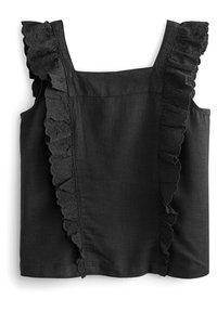 Sort ærmeløs top med flæse- og teksturerede detaljer langs skuldrene og siderne, lavet af et let stof med en glat overflade.