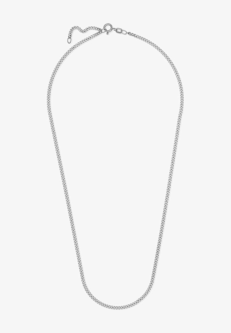 Collana in argento con un design liscio e arrotondato. Caratterizzata da una superficie metallica testurizzata e un gancio con un anello regolabile per la lunghezza.