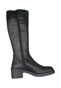 Bota de cuero negro hasta la rodilla con cremallera lateral, ligeramente puntiaguda y con un tacón grueso. Textura suave, detalle de costura mínimo.