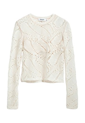 White knit sweater with a textured open lace pattern, long sleeves, and a round neckline. Cropped length with raw edges. Brand tag visible.