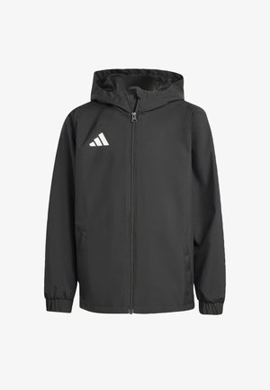 Svart vindjakke med hette, glidelåslukking, elastiske mansjetter og hvit logo. Har sidelommer og et glatt, vannavstøtende stoff.