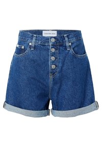 Shorts in denim blu scuro, con vita alta, chiusura a cinque bottoni, risvolti, e tasche classiche con dettagli di cucitura sottili.
