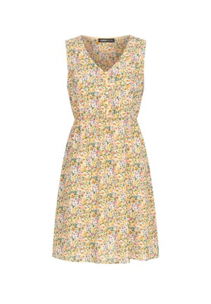 Kvetinové bezrukávové šaty s výstrihom do V, diferenčnými gombíkmi a elastickým pásom. Vyrobené z ľahkého materiálu s žltým pozadím a mnohobarevnými vzormi.
