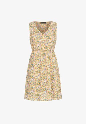 Bloemen jurk zonder mouwen met een V-hals, knoopsluiting aan de voorkant en een elastische taille. Gemaakt van lichte stoffen met een gele achtergrond en multicolor patronen.