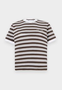 Brun og hvidstribet kortærmet t-shirt med rund halsudskæring og et lille logo på brystet. Fremstillet af blødt bomuldsmateriale.